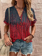 Women's Plus Size Printed Notched Short Sleeve Blouse