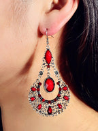 Bohemian Tribal Ethnic Antique Silver Rhinestone Hollow Water Drop Earrings