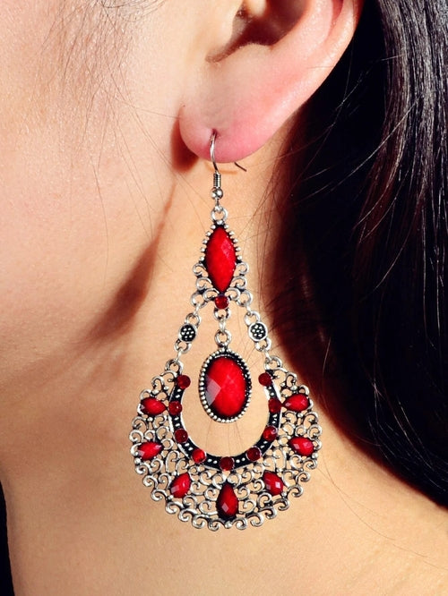 Bohemian Tribal Ethnic Antique Silver Rhinestone Hollow Water Drop Earrings