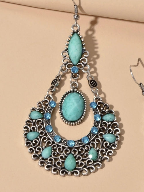 Bohemian Tribal Ethnic Antique Silver Rhinestone Hollow Water Drop Earrings