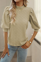 Simply Taupe Vintage Textured Puff Sleeve Mock Neck Top