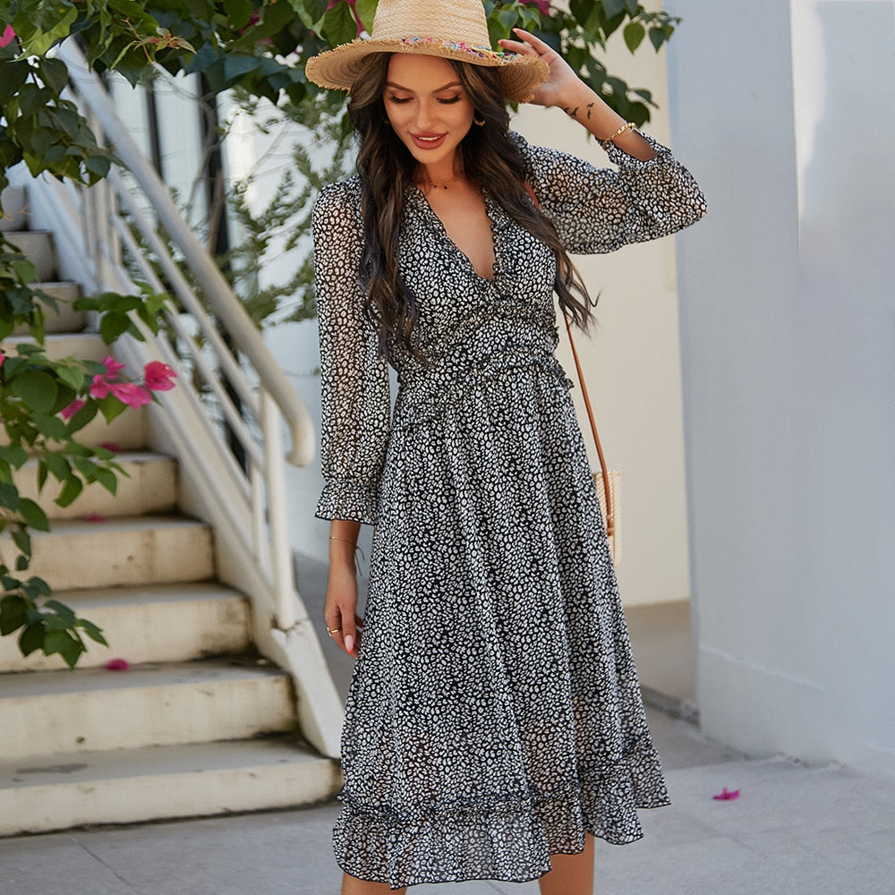 Ladies Vintage Sexy Print Chiffon Dress Women Casual Ruffles High Waist Bohemian Beach Spring Summer Women Dress