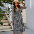 Ladies Vintage Sexy Print Chiffon Dress Women Casual Ruffles High Waist Bohemian Beach Spring Summer Women Dress