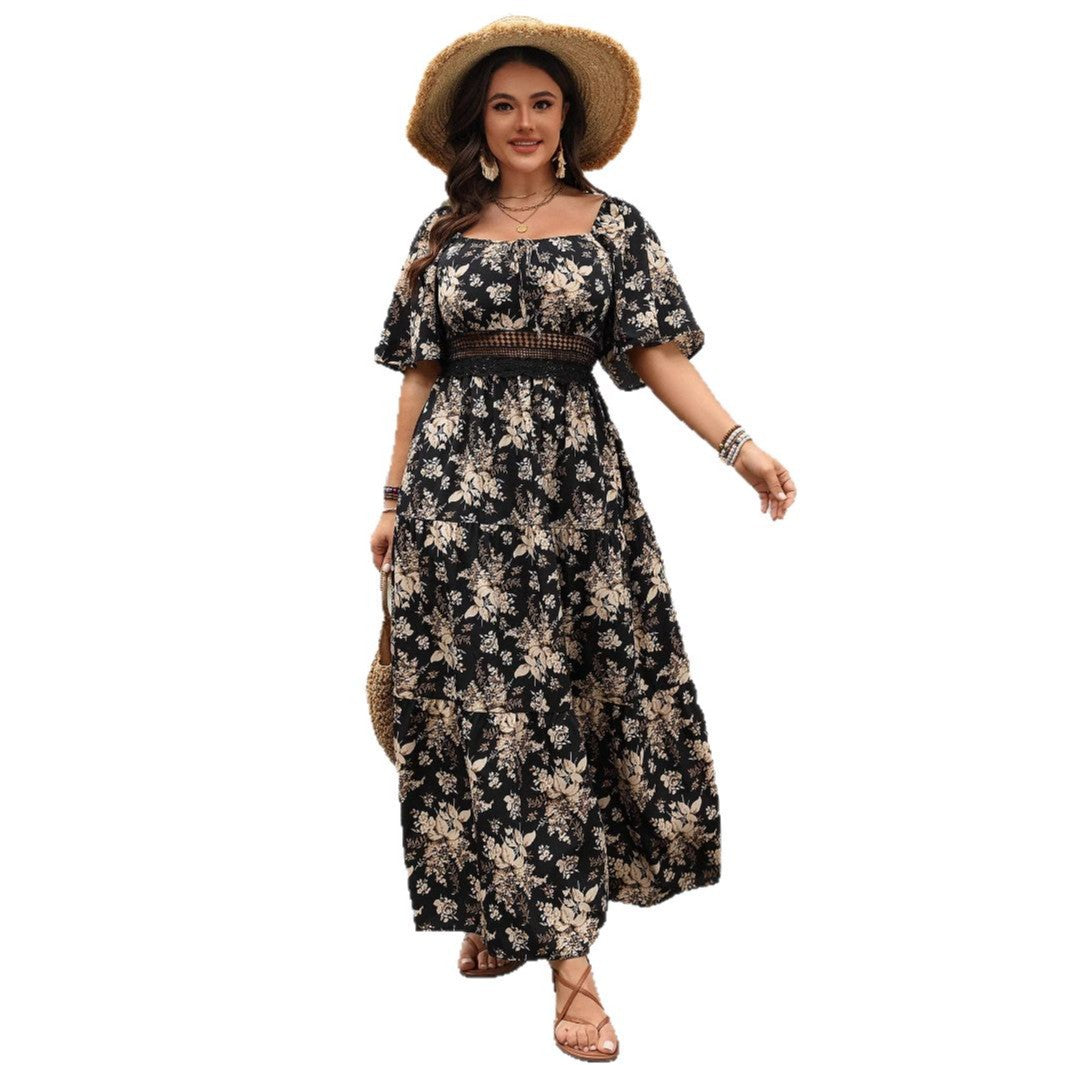 Vintage Square Neck Printed Plus Size Short Sleeve Dress