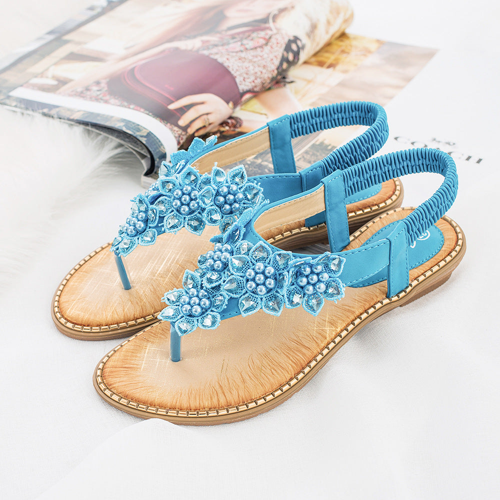 Summer New Bohemian Style Handmade Flower Round Toe Sandals Women's Fashion All-Match Trend Sandals