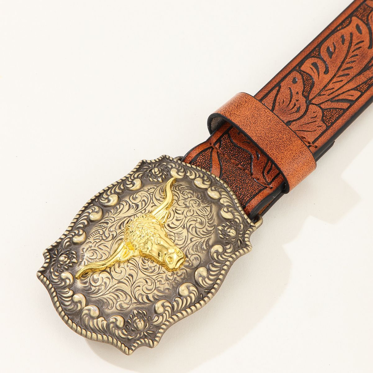Western Cowboy Belt Versatile Bull Head Big Board Buckle Cowboy Carving Ethnic Style Punk PU Leather Belt