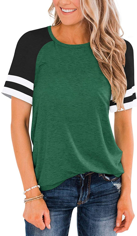 T-Shirt Summer Round Neck Short Sleeve Striped Contrast Color Loose Plus Size