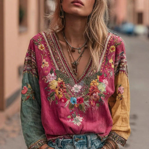 Women's casual vintage bohemian V-neck top ethnic style long sleeve