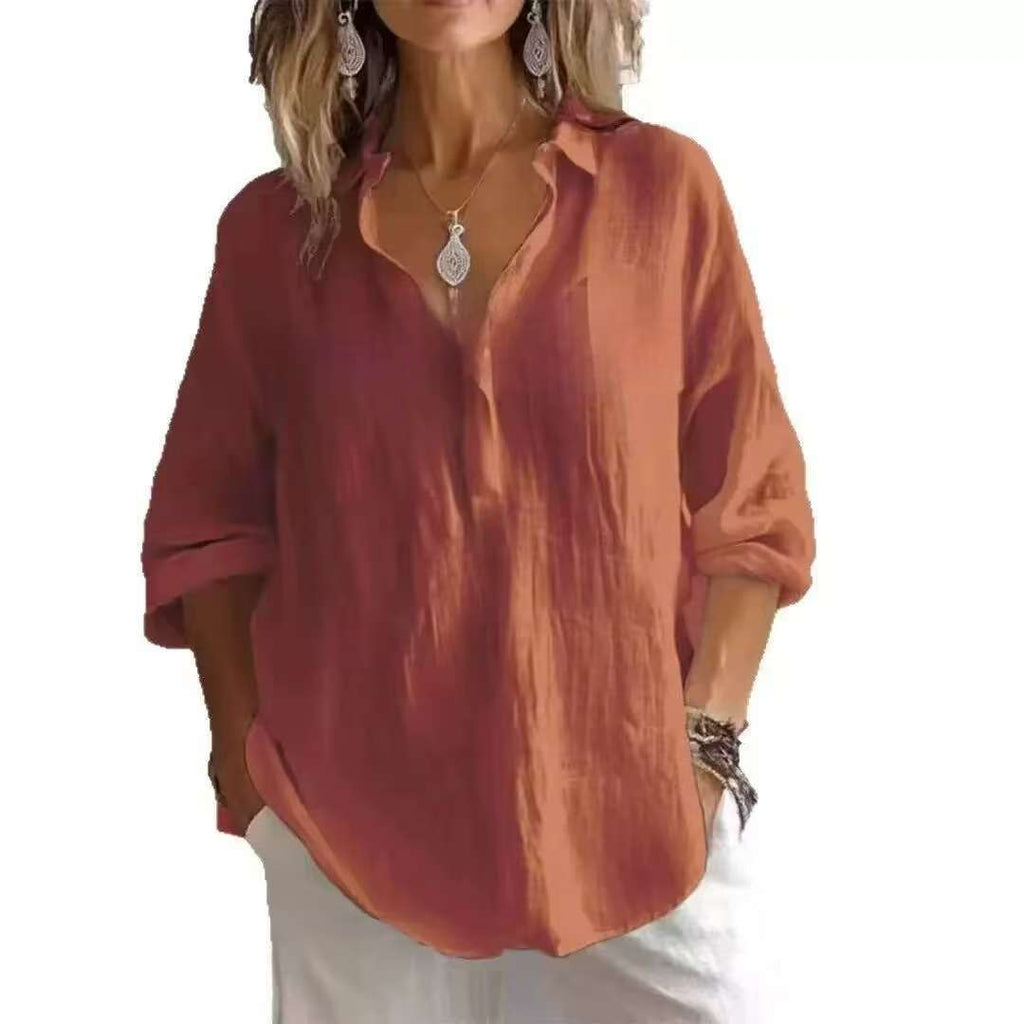 Casual Loose Plus Size V-Neck Long Sleeve Solid Color Shirt for Women
