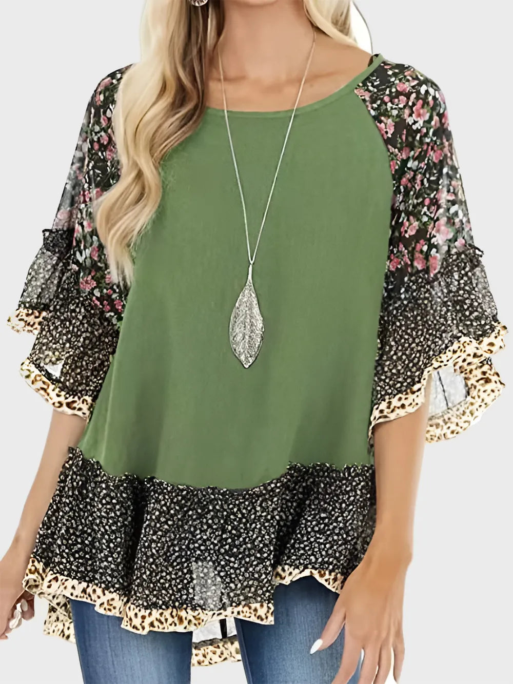 Woman's Blouse Printed Round Neck Half Sleeve Top