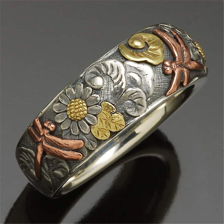 Personality Vintage Glyph Ring Flower Dragonfly Animal Women Rings