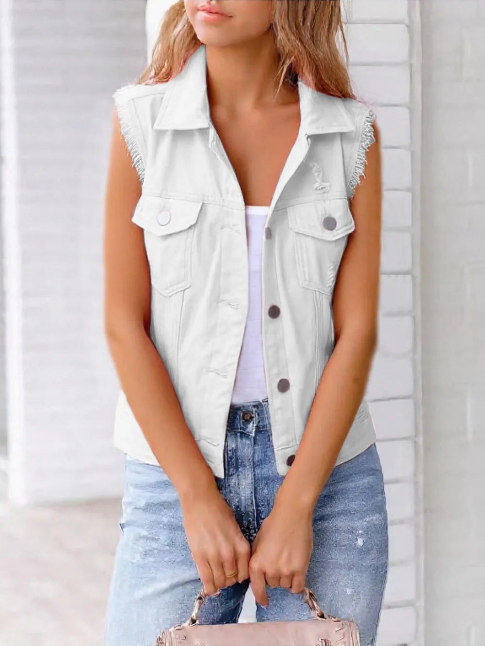 Women's Button Down Raw Hem Sleeveless Denim Jacket Vest