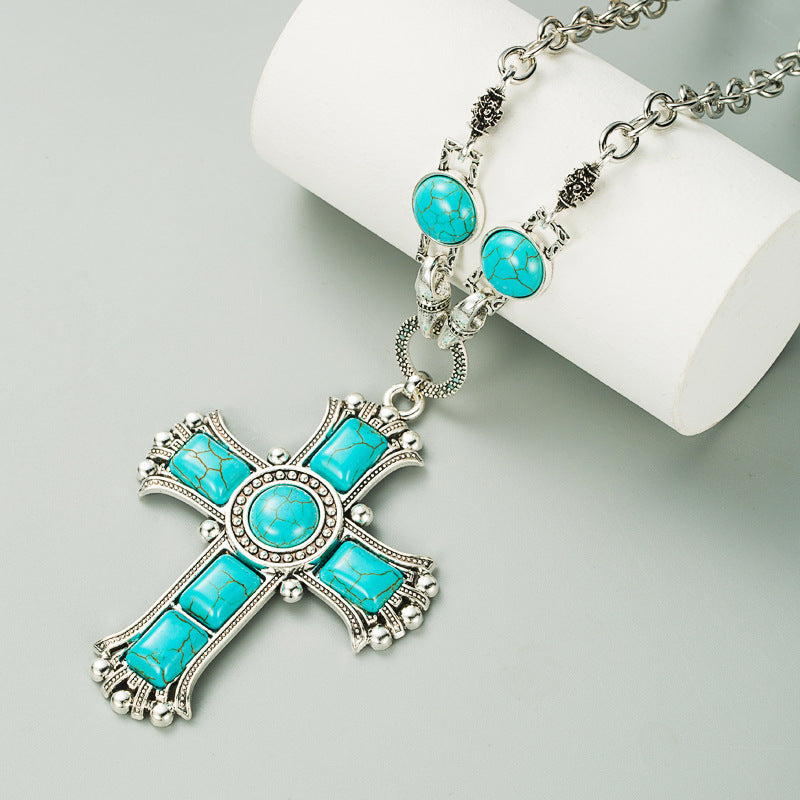 Retro Exaggerated Personality Cross-Shaped Necklace Women's Multi-Layer Alloy Inlaid Turquoise Sweater Chain Pendant Jewelry