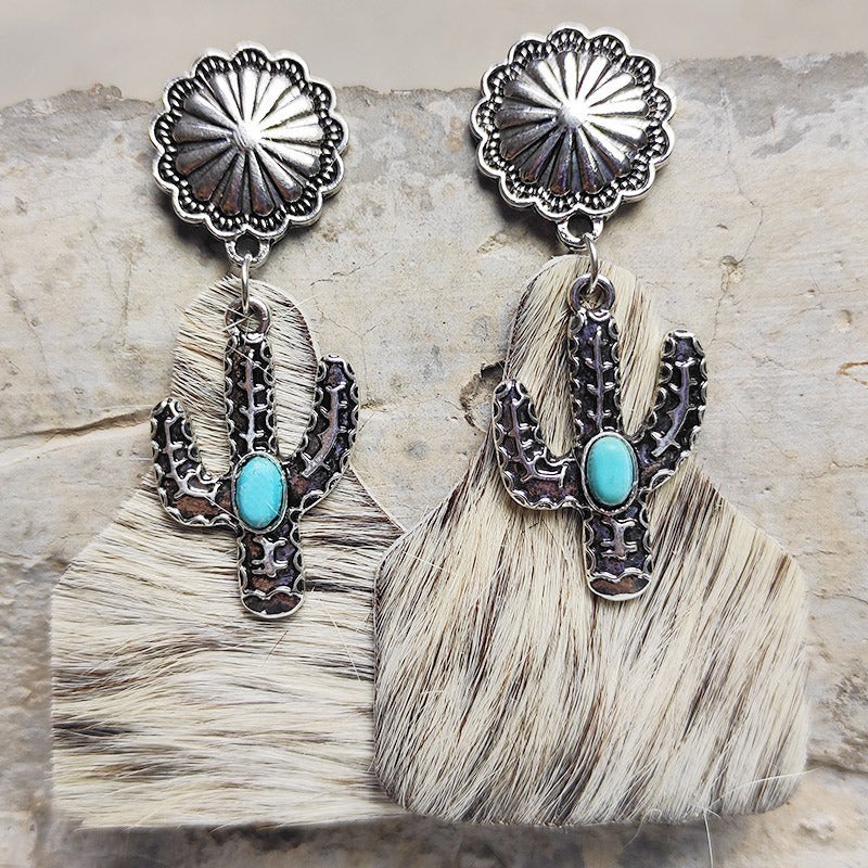 Animal Grain Leather Jewelry Bohemian Horse Hair Pumpkin Flowers Cactus Turquoise Fashion Earrings