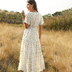 Summer Beach Holiday Dress Women Casual Floral Print Elegant  Boho Long Dress Ruffle Short-Sleeve V-neck Sexy Party Robe