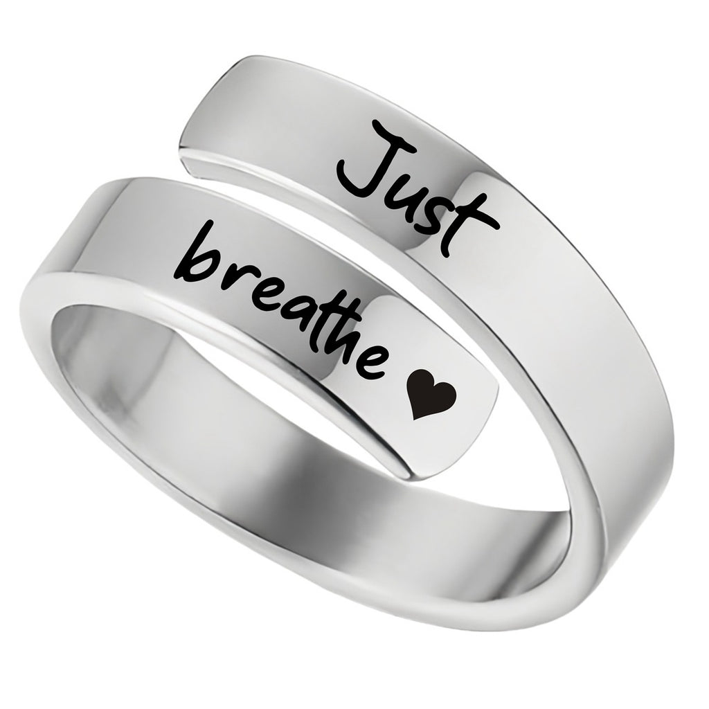 Women's Open mouth jewelry. Just Breathe letter ring engraved titanium steel jewelry Adjustable