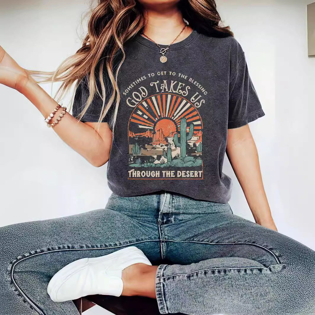 Western Jesus pattern printed round neck short sleeved T-shirt