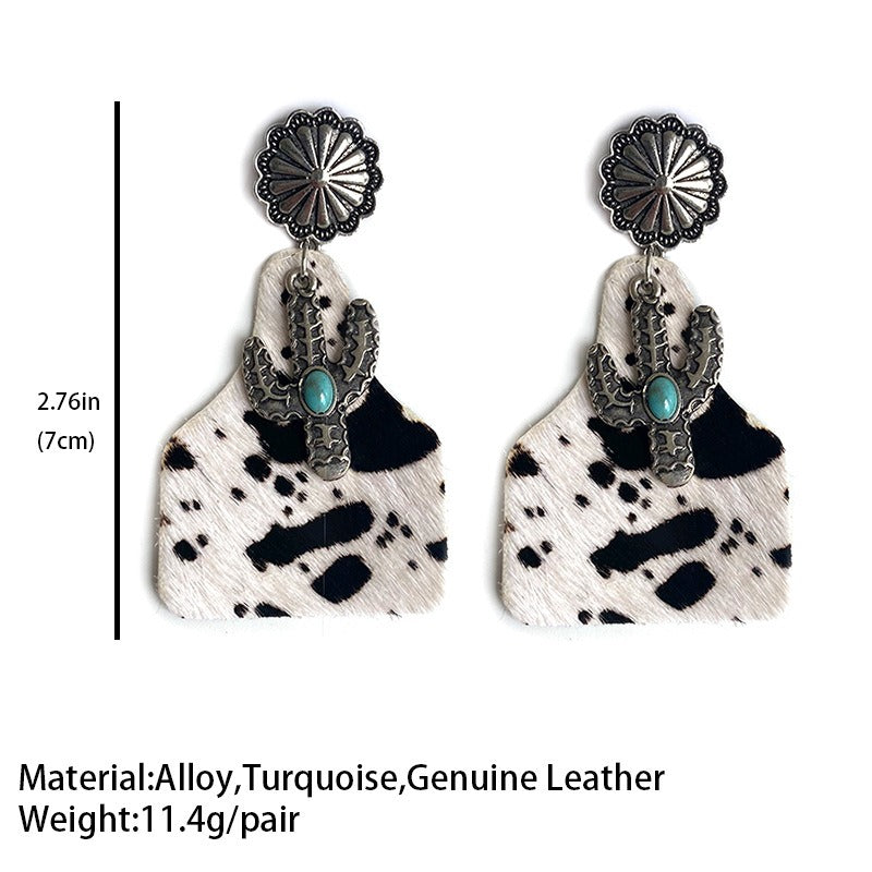 Animal Grain Leather Jewelry Bohemian Horse Hair Pumpkin Flowers Cactus Turquoise Fashion Earrings