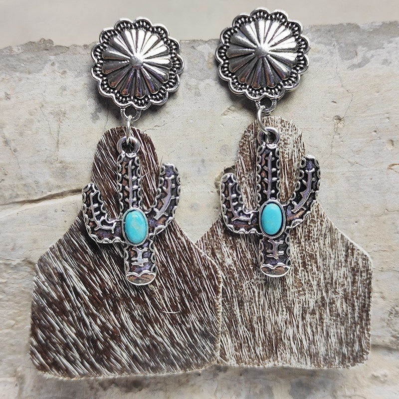 Animal Grain Leather Jewelry Bohemian Horse Hair Pumpkin Flowers Cactus Turquoise Fashion Earrings