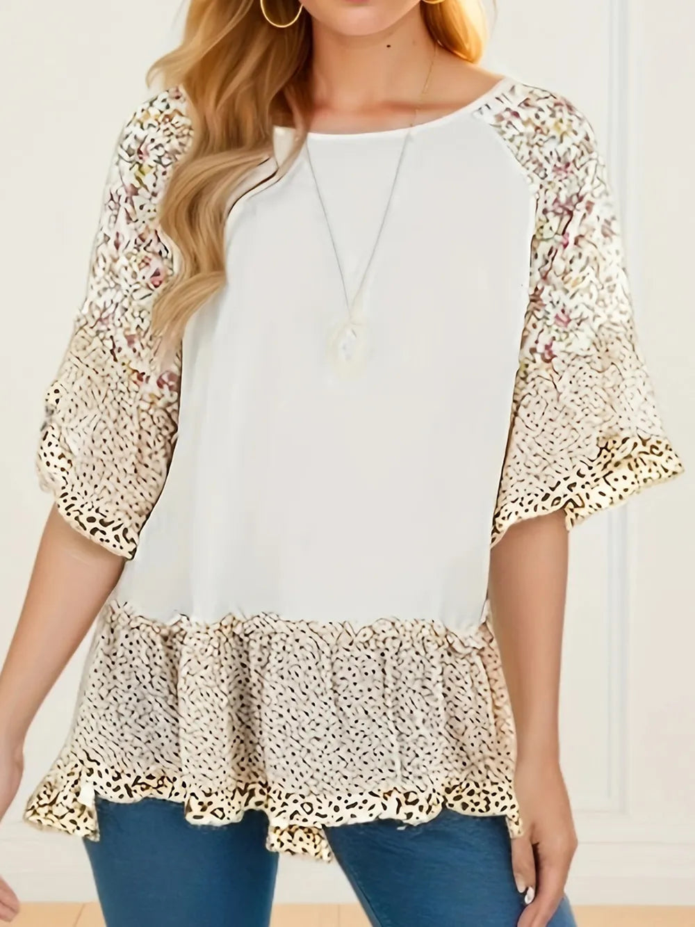 Woman's Blouse Printed Round Neck Half Sleeve Top