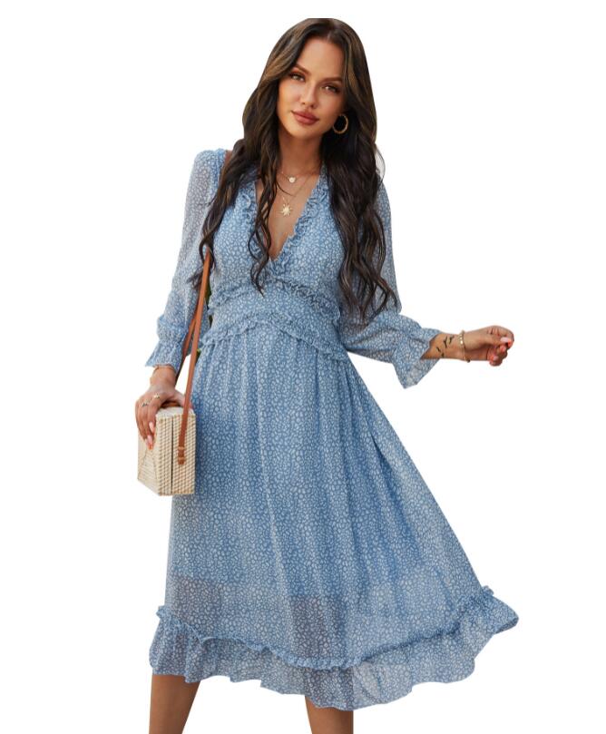 Ladies Vintage Sexy Print Chiffon Dress Women Casual Ruffles High Waist Bohemian Beach Spring Summer Women Dress