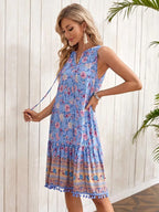 Tie Neck Sleeveless Floral Dress