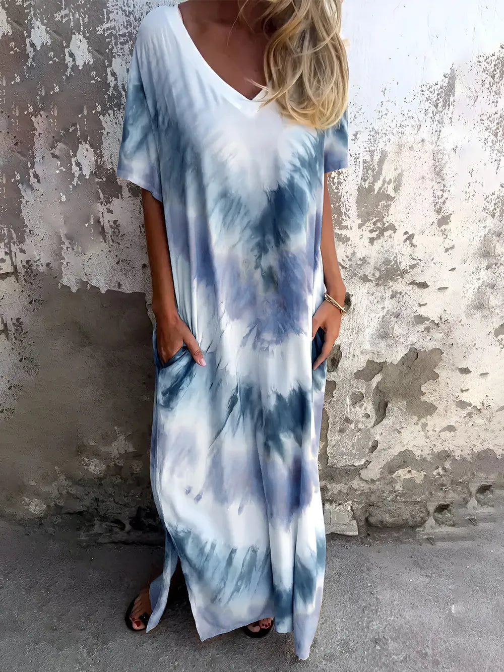 Full Size Pocketed Tie-Dye Short Sleeve Maxi Dress