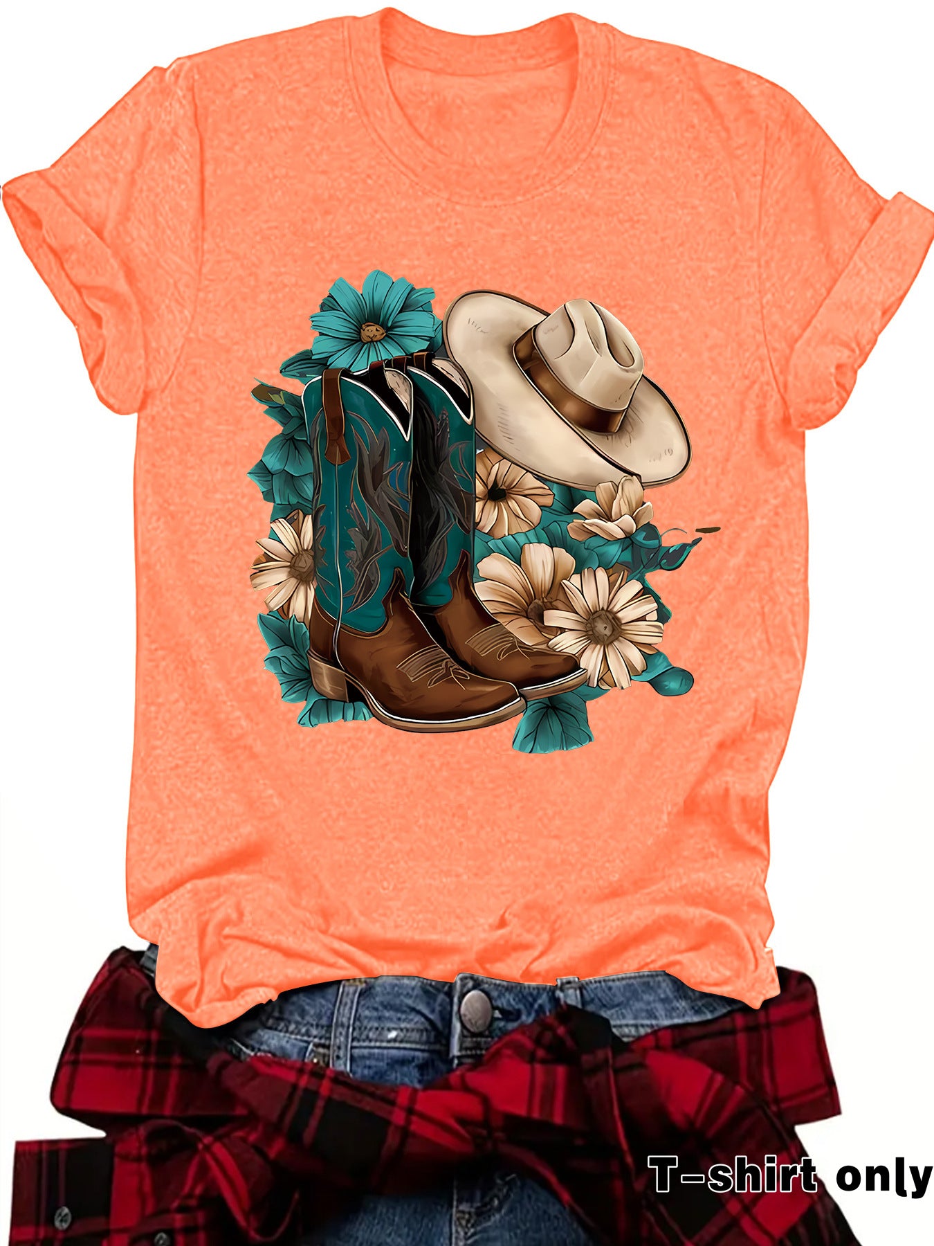 Western Short sleeved women's t-shirt with boots & hats