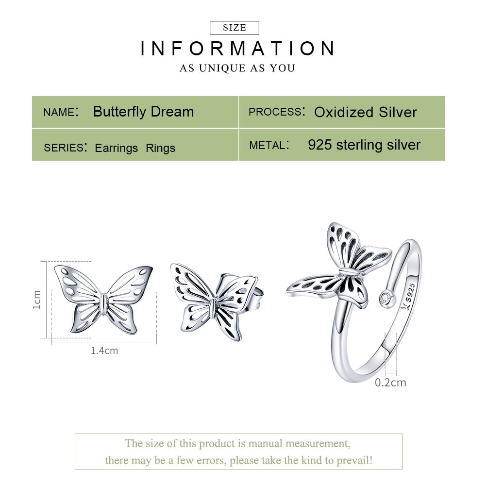 925 Sterling Silver Jewelry Set Vintage Butterfly Rings & Earrings Jewelry Sets Wedding Engagement Jewelry