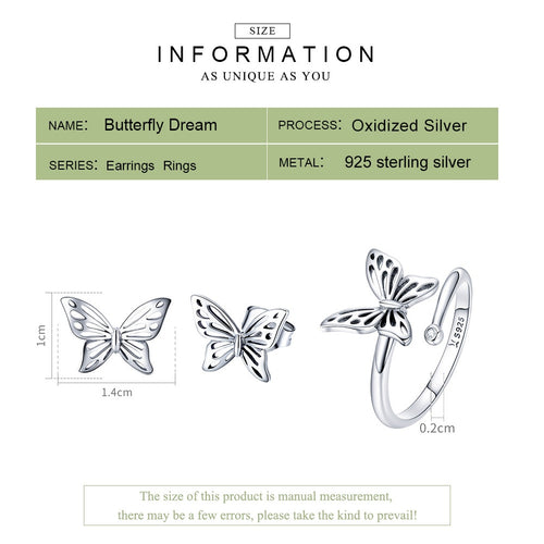 925 Sterling Silver Jewelry Set Vintage Butterfly Rings & Earrings Jewelry Sets Wedding Engagement Jewelry