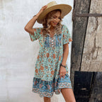 European and American women's floral V-neck loose casual bohemian style dress