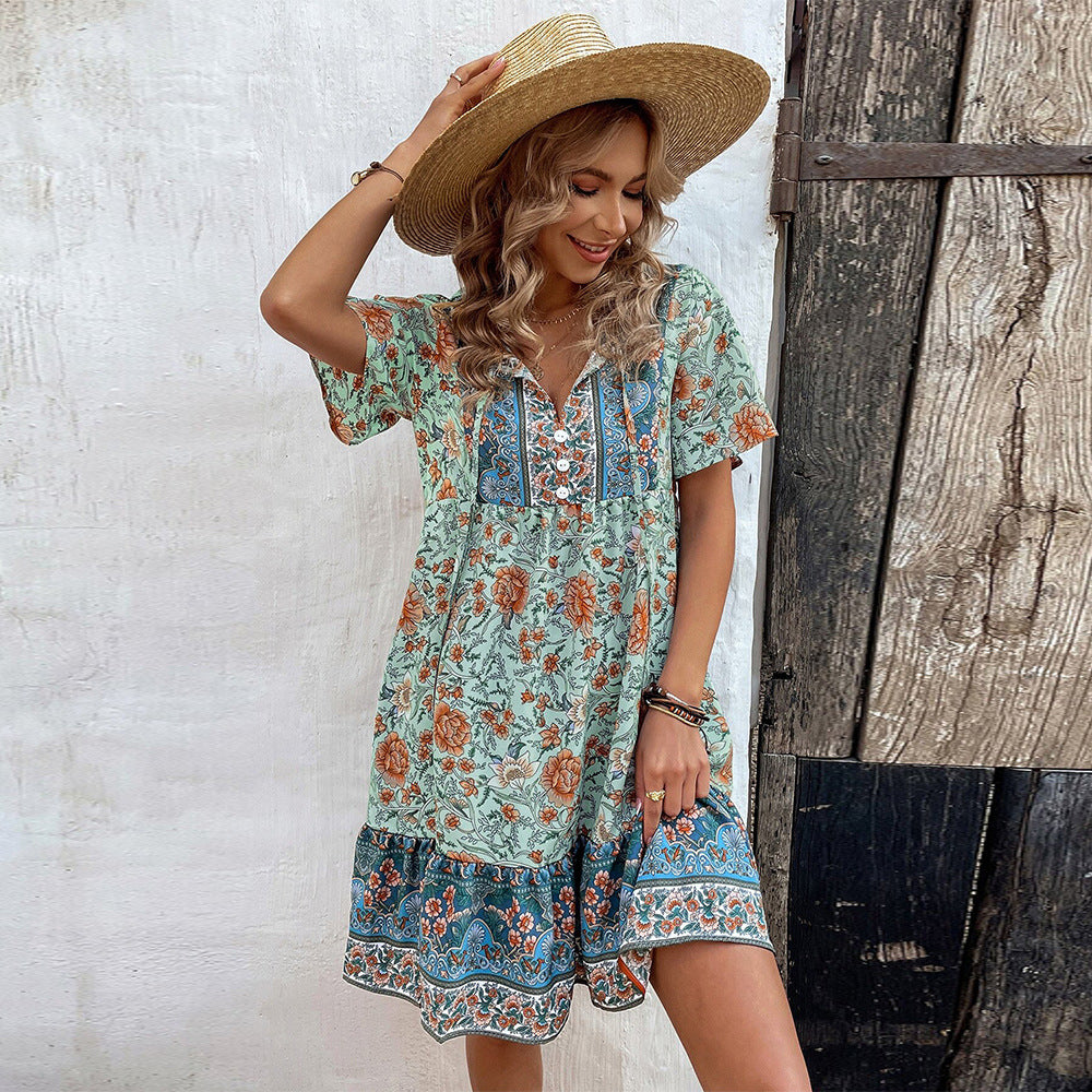 European and American women's floral V-neck loose casual bohemian style dress