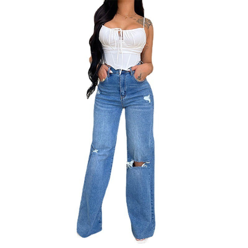 Women's Jeans Loose Casual High Waist Wide Leg Pants Fashion Street Ripped Plus Size Denim