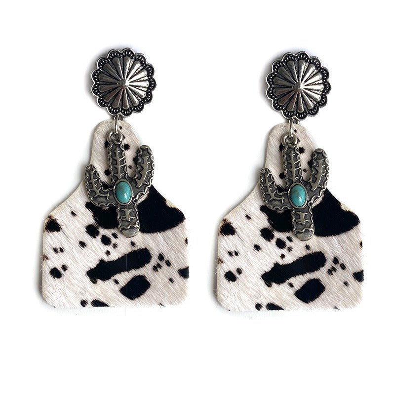 Animal Grain Leather Jewelry Bohemian Horse Hair Pumpkin Flowers Cactus Turquoise Fashion Earrings
