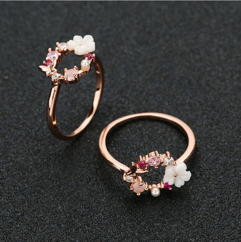 Women's Butterfly Flower Rose Gold Ring