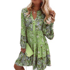 Nature-inspired Women's Plus Size, V-Neck Printed Flared Sleeve Dress