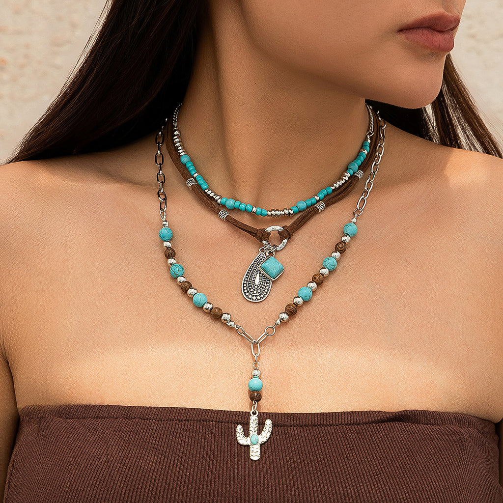 Vintage imitation turquoise collarbone chain niche bead necklace set ethnic style cactus necklace