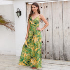 Bohemian printed long skirt with V-neck strap dress