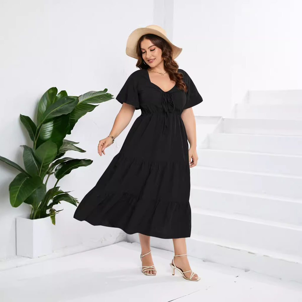 Women's V-neck High-Waist Long Dress Short Sleeve Plus Size Dress
