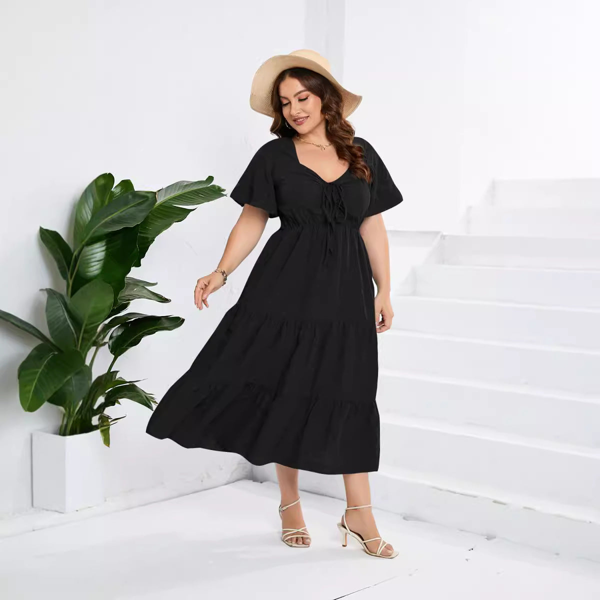 Women's V-neck High-Waist Long Dress Short Sleeve Plus Size Dress