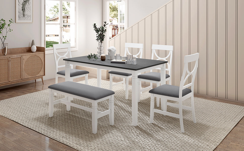 6-Piece Wood Dining Table Set Kitchen Table Set with Upholstered Bench and 4 Dining Chairs, Farmhouse Style Gray+White