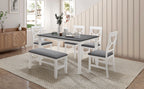 6-Piece Wood Dining Table Set Kitchen Table Set with Upholstered Bench and 4 Dining Chairs, Farmhouse Style Gray+White