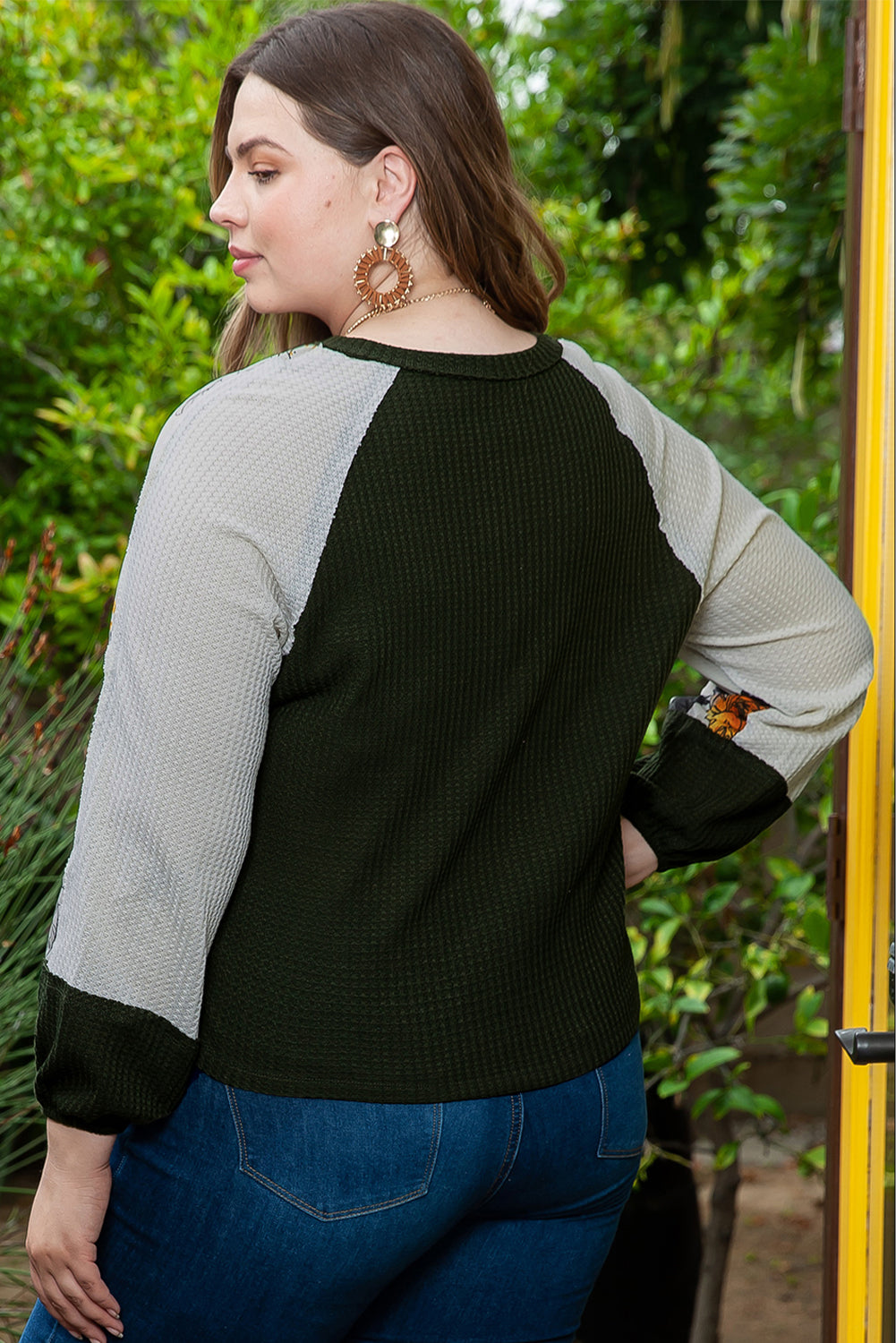 Green Plus Size Floral Raglan Colorblock Patchwork Knit Blouse