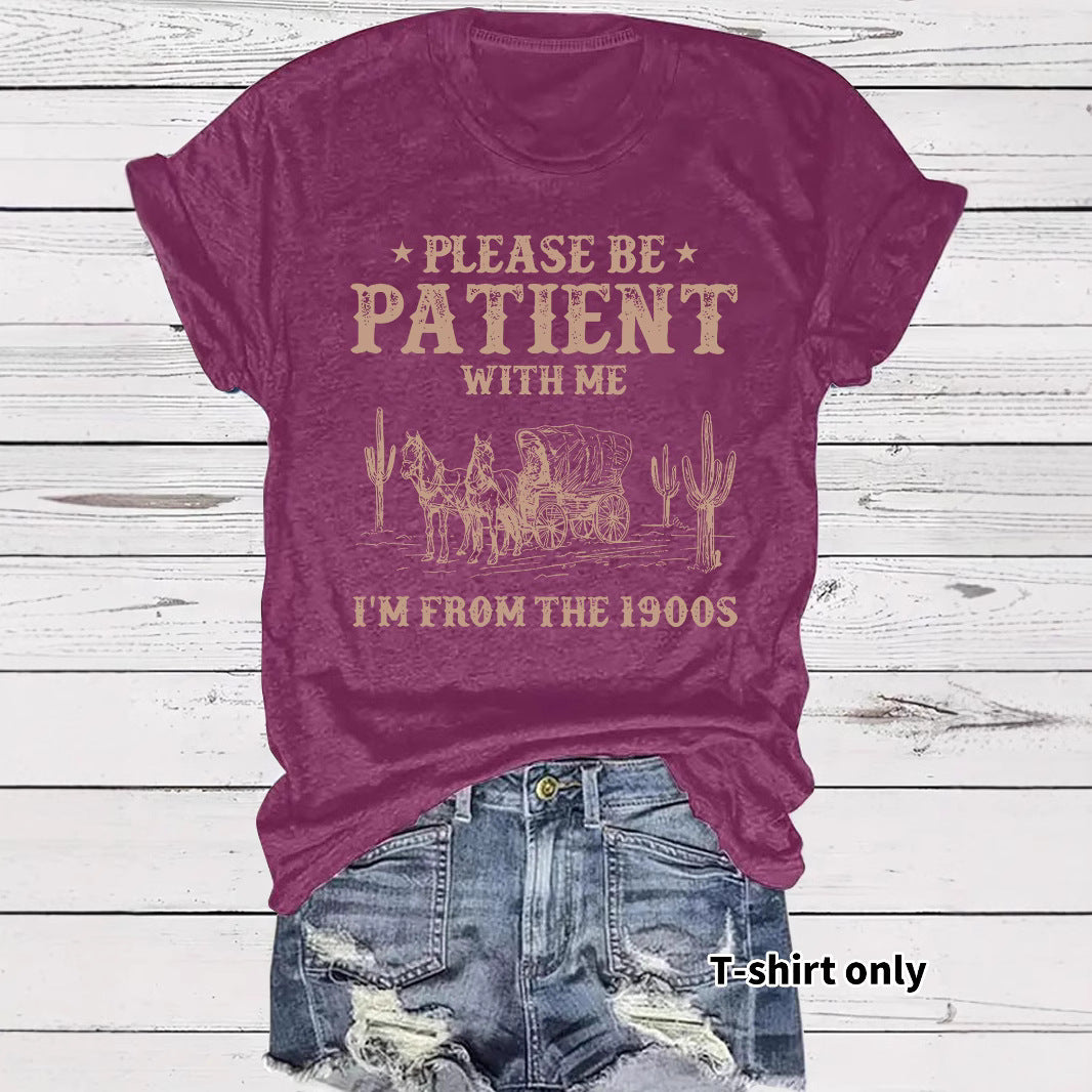 Western denim pattern round neck short sleeved T-shirt