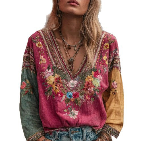 Women's casual vintage bohemian V-neck top ethnic style long sleeve