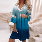 V-Neck Printed Lace Stitched Bohemian Dress