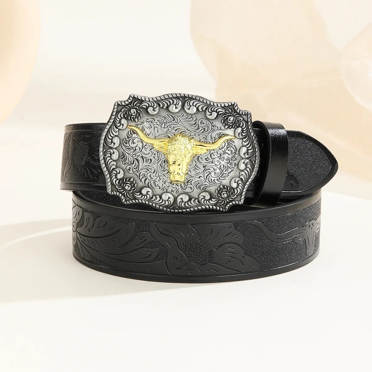 Western Cowboy Belt Versatile Bull Head Big Board Buckle Cowboy Carving Ethnic Style Punk PU Leather Belt
