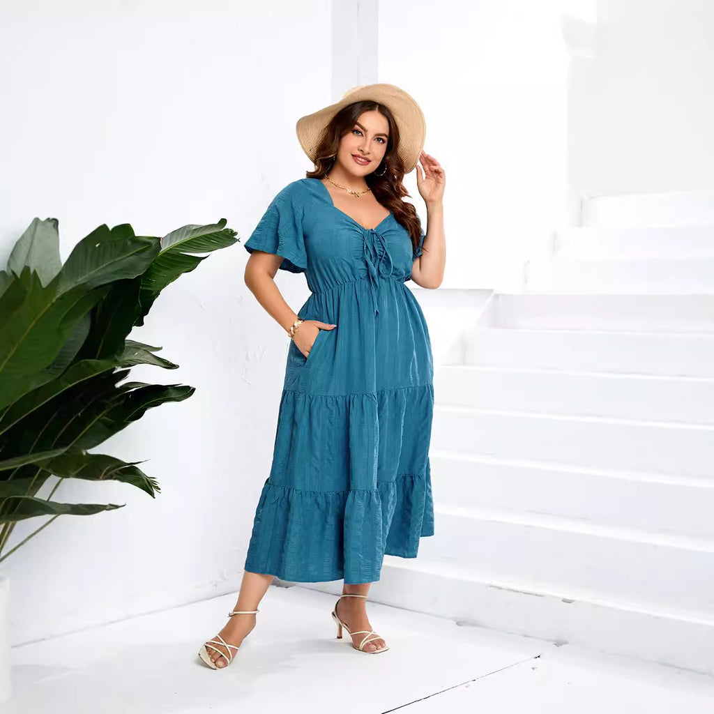 Women's V-neck High-Waist Long Dress Short Sleeve Plus Size Dress