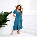 Women's V-neck High-Waist Long Dress Short Sleeve Plus Size Dress