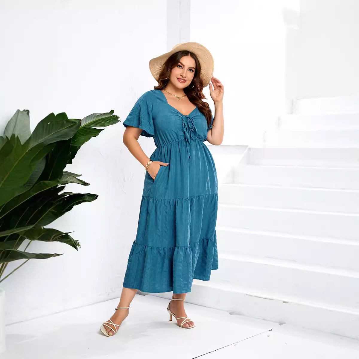 Women's V-neck High-Waist Long Dress Short Sleeve Plus Size Dress